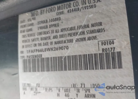 1998 Ford Contour from USA, damaged, VIN 1FAFP66L8WK269070